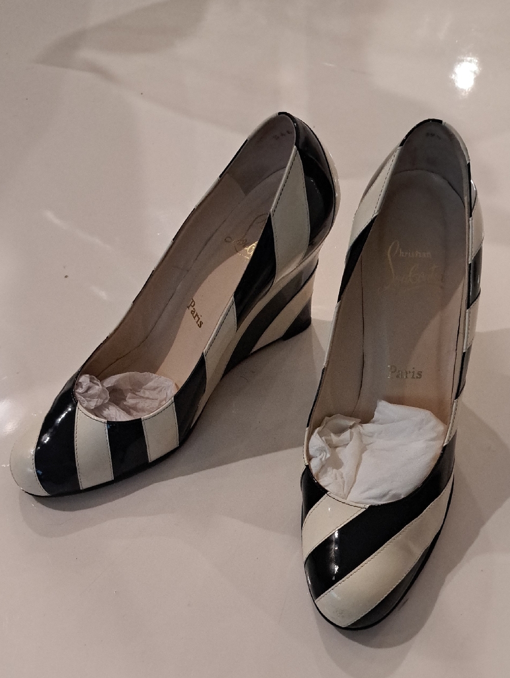 Christian Louboutin Black and White Striped Patent Wedge Pumps